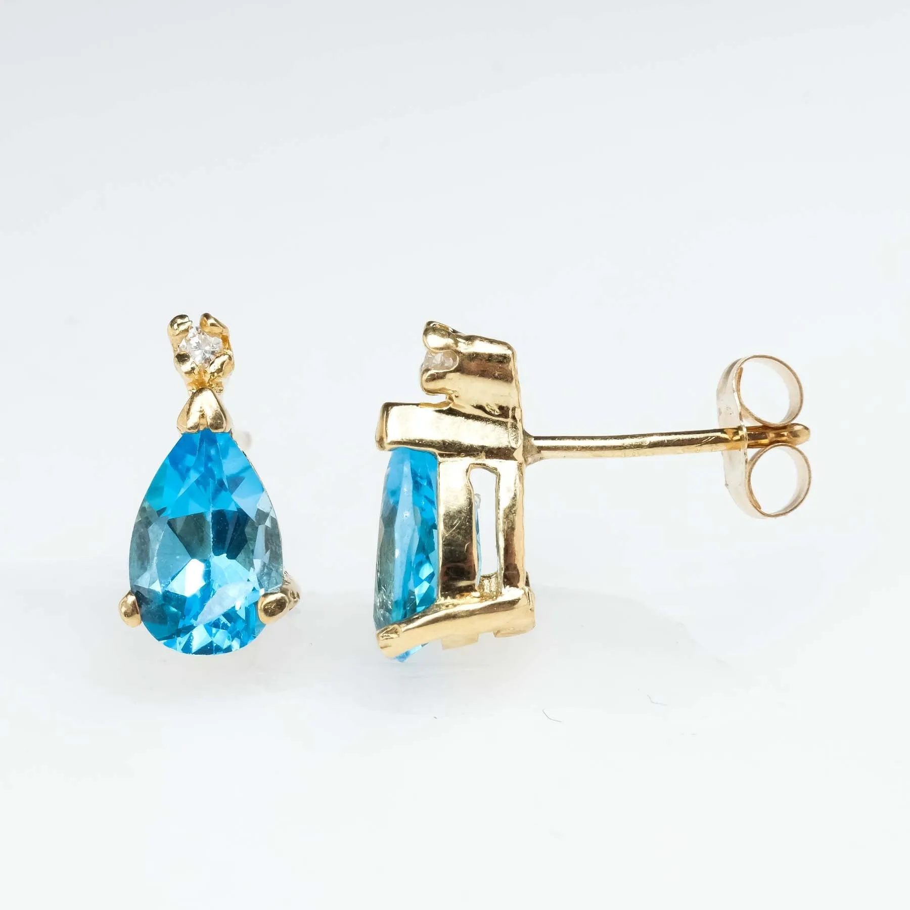 Blue Topaz and Diamond Drop Stud Earrings in 14K Yellow Gold