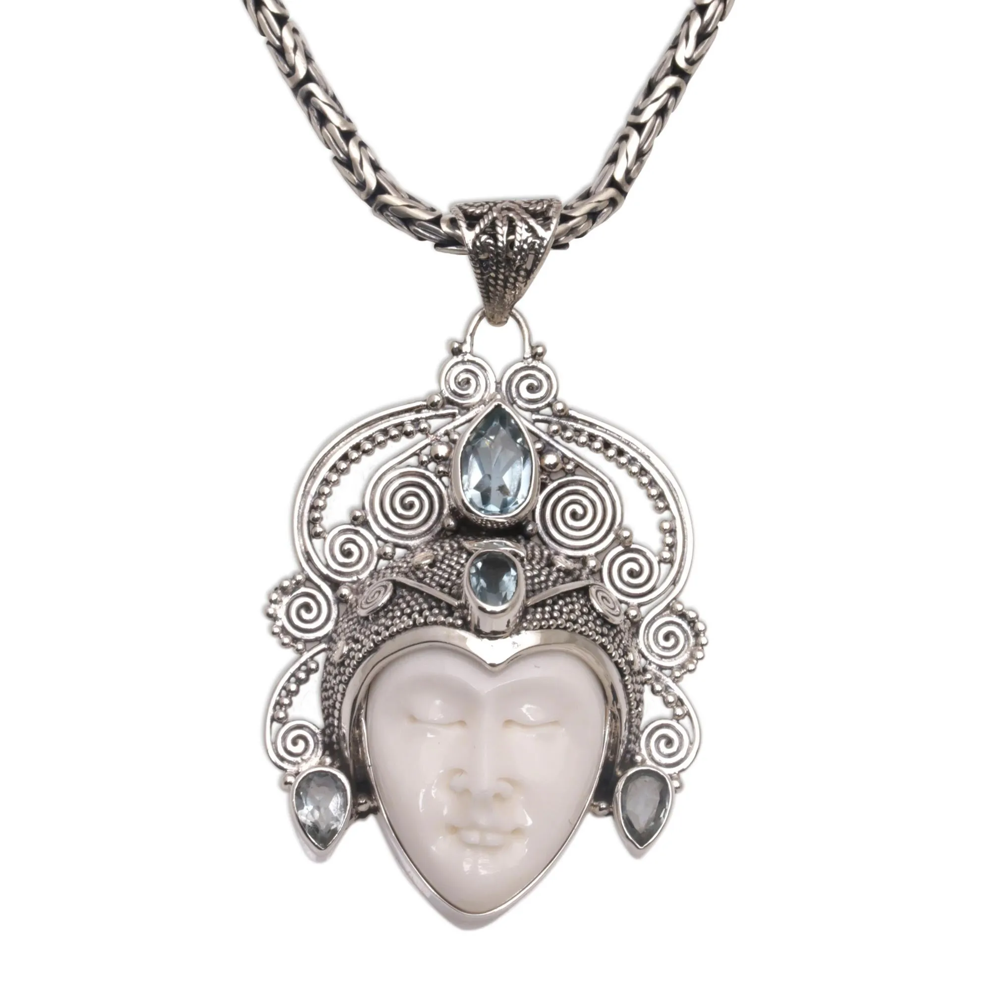 Blue Topaz and Sterling Silver Face Necklace form Bali - Bedugul Prince | NOVICA