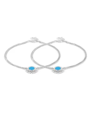 Carlton London -Set Of 2 Rhodium-Plated Silver Toned Dual Stranded Blue Enamel Anklets For Women