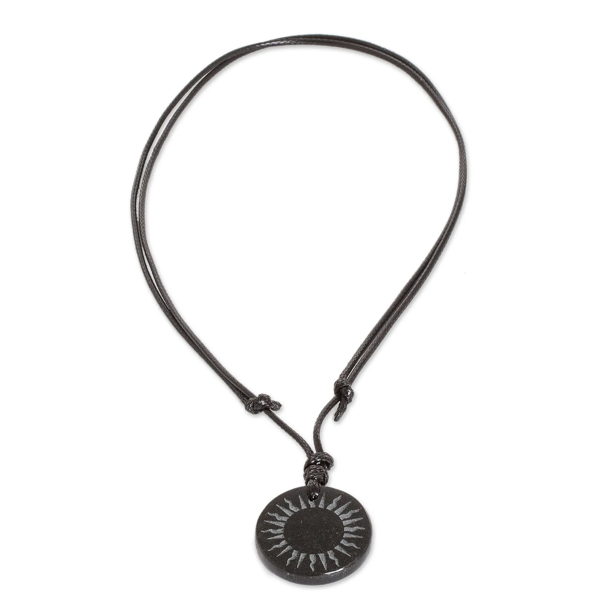 Carved Sun on Black Jade Round Pendant Cord Necklace - Total Eclipse | NOVICA