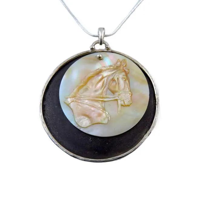 Cavalier Horse Head Carved MOP Pendant Necklace OOAK