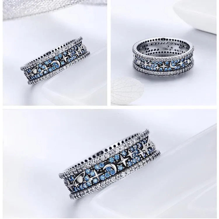 Celestial Galaxy Ring with Blue CZ, Glittering Moon, Stars and Planets on Your Finger!