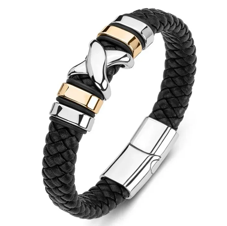 Classic Leather Braided Magnetic Metal Buckle Bracelet Punk High Quality Men\\'s Casual Business Bracelet Jewelry Gift