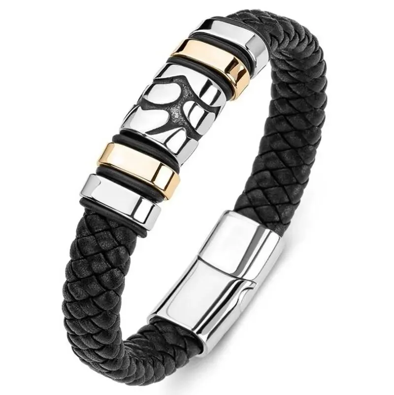 Classic Leather Braided Magnetic Metal Buckle Bracelet Punk High Quality Men\\'s Casual Business Bracelet Jewelry Gift