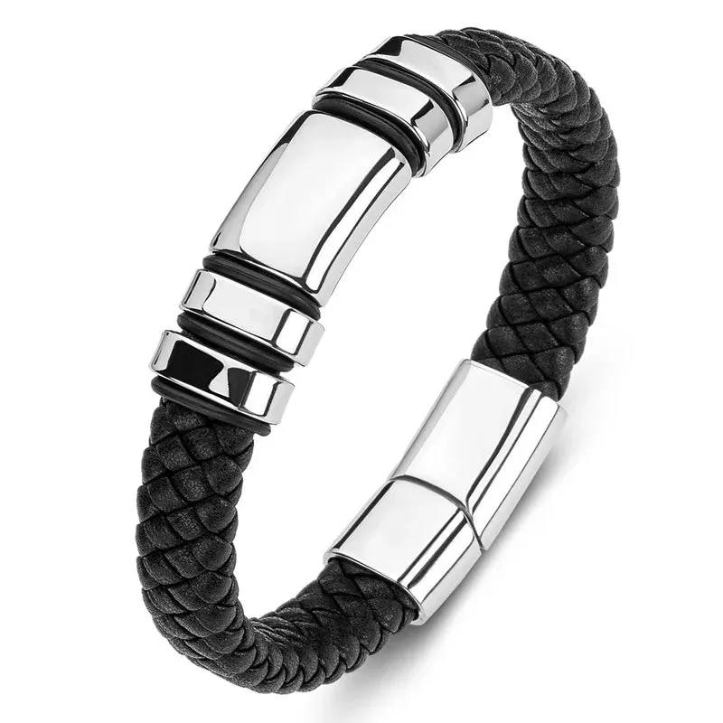 Classic Leather Braided Magnetic Metal Buckle Bracelet Punk High Quality Men\\'s Casual Business Bracelet Jewelry Gift