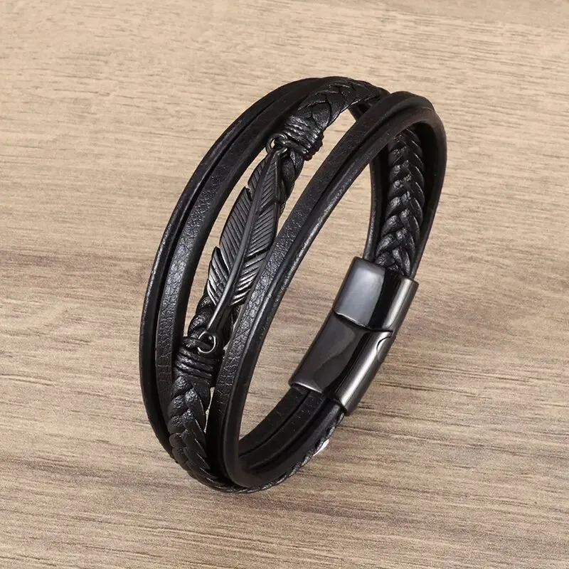 Classic Leather Braided Magnetic Metal Buckle Bracelet Punk High Quality Men\\'s Casual Business Bracelet Jewelry Gift