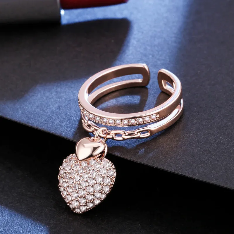 Dangling Multi-layer Zircon Love Heart Adjustable Rings