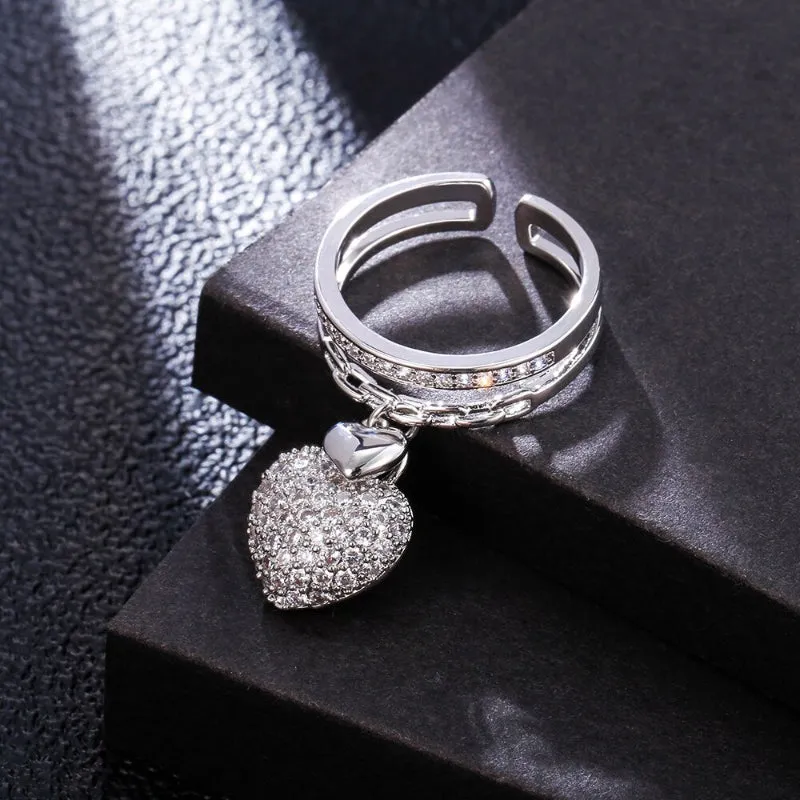 Dangling Multi-layer Zircon Love Heart Adjustable Rings