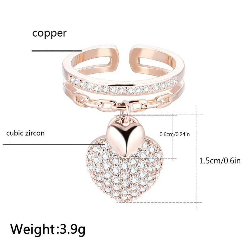 Dangling Multi-layer Zircon Love Heart Adjustable Rings