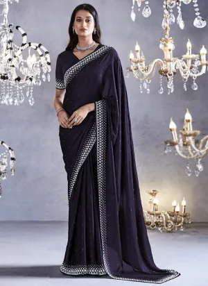 Dark Purple Stone Work Embroidery Wedding Saree