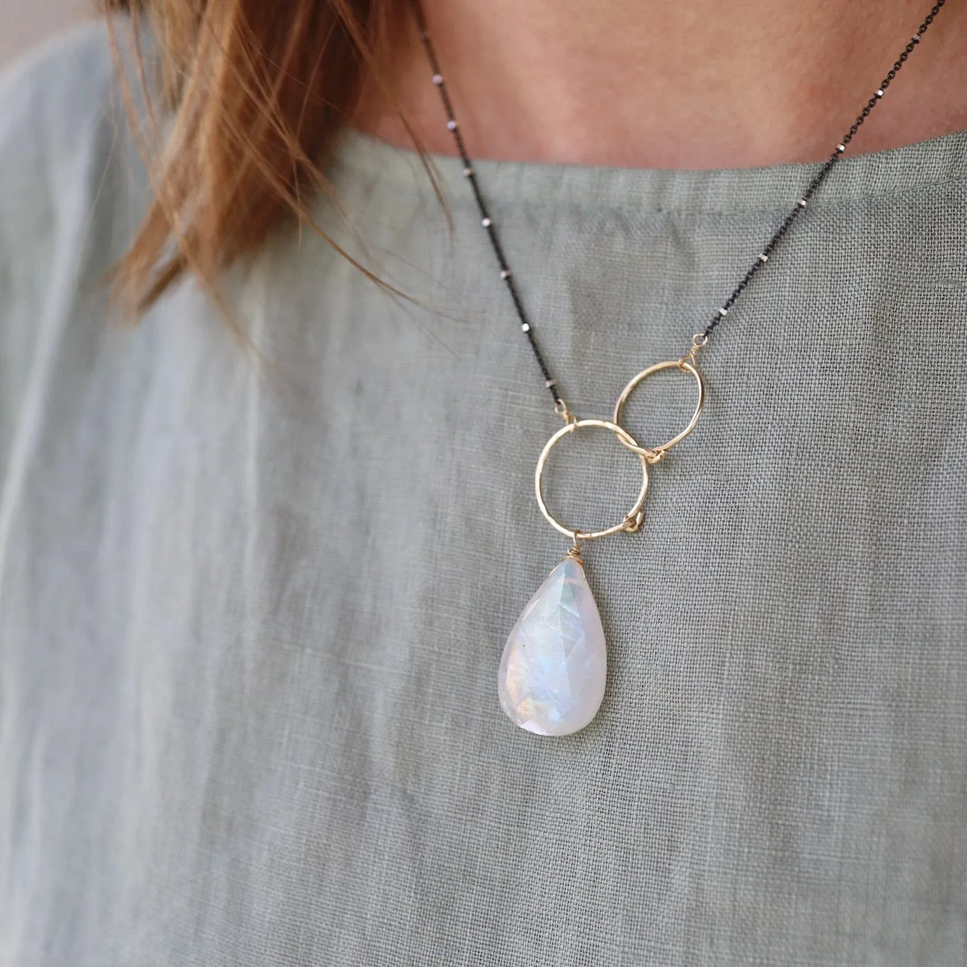 Double Gold Filled Rings with Large Rainbow Moonstone Necklace