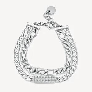 Double-Strand Link and Crystal Bar Bracelet in Stainless Steel