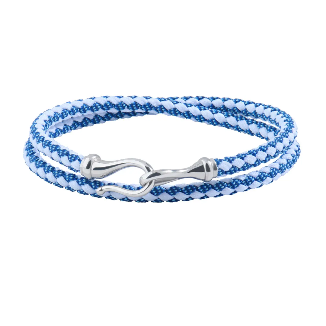 Fish Hook Blue and White Cotton Wrap Bracelet in Silver