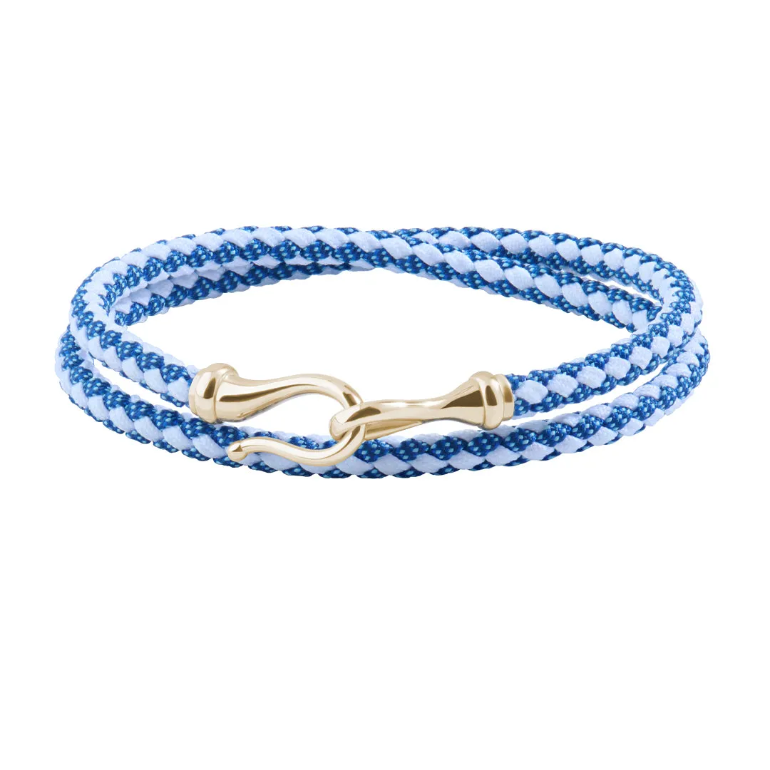 Fish Hook Blue and White Cotton Wrap Bracelet in Silver