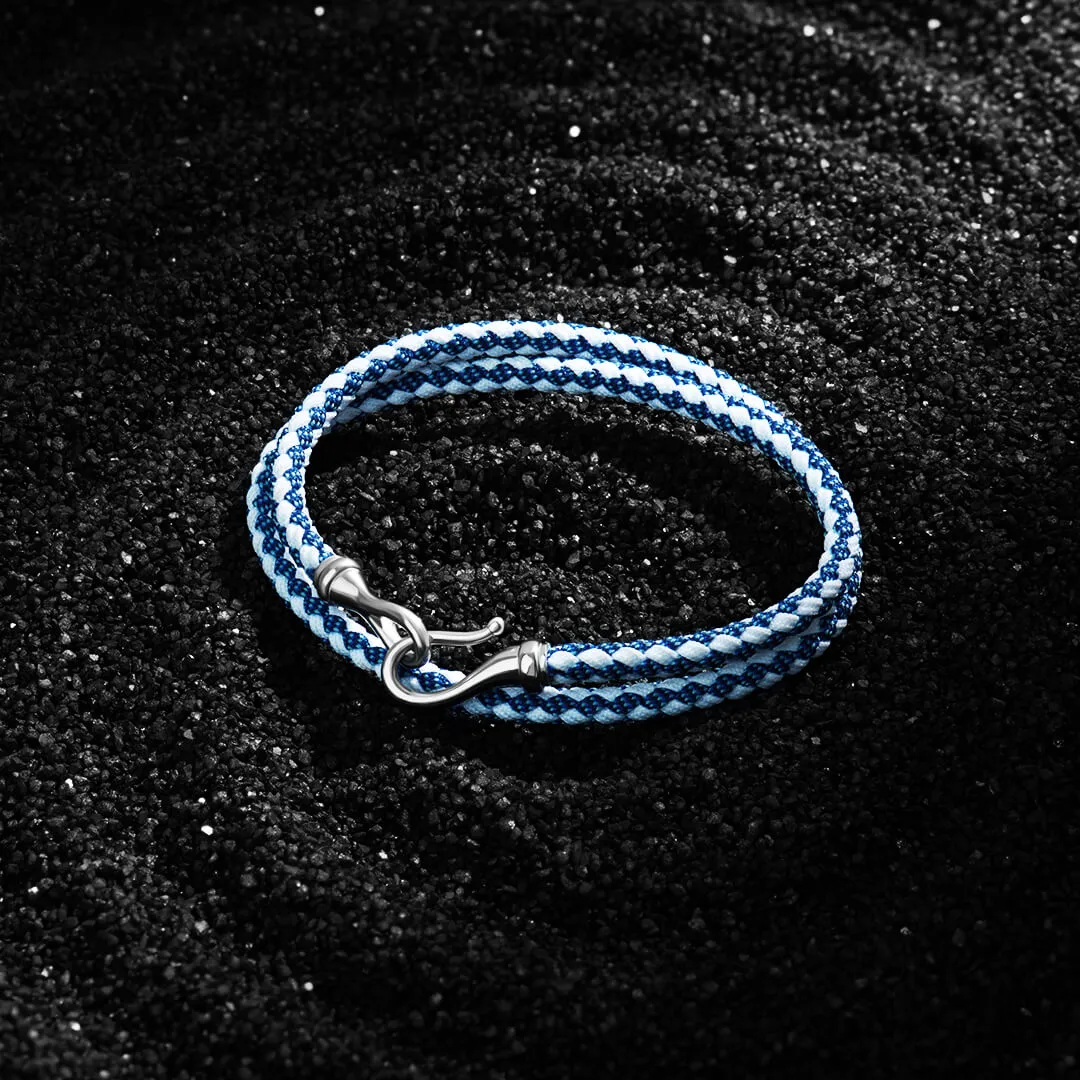 Fish Hook Blue and White Cotton Wrap Bracelet in Silver