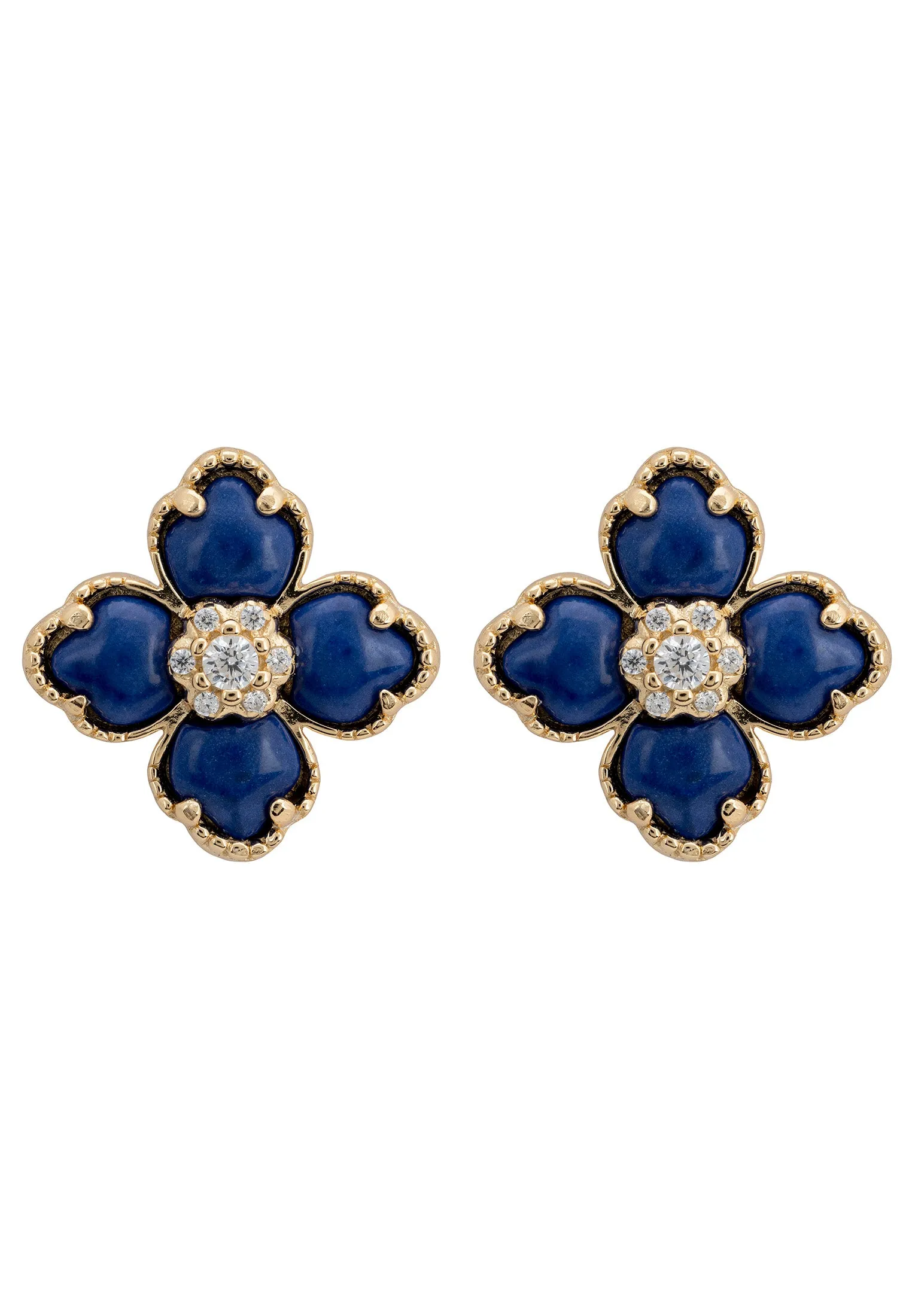 Flower Clover Lapis Lazuli Stud Earrings Gold