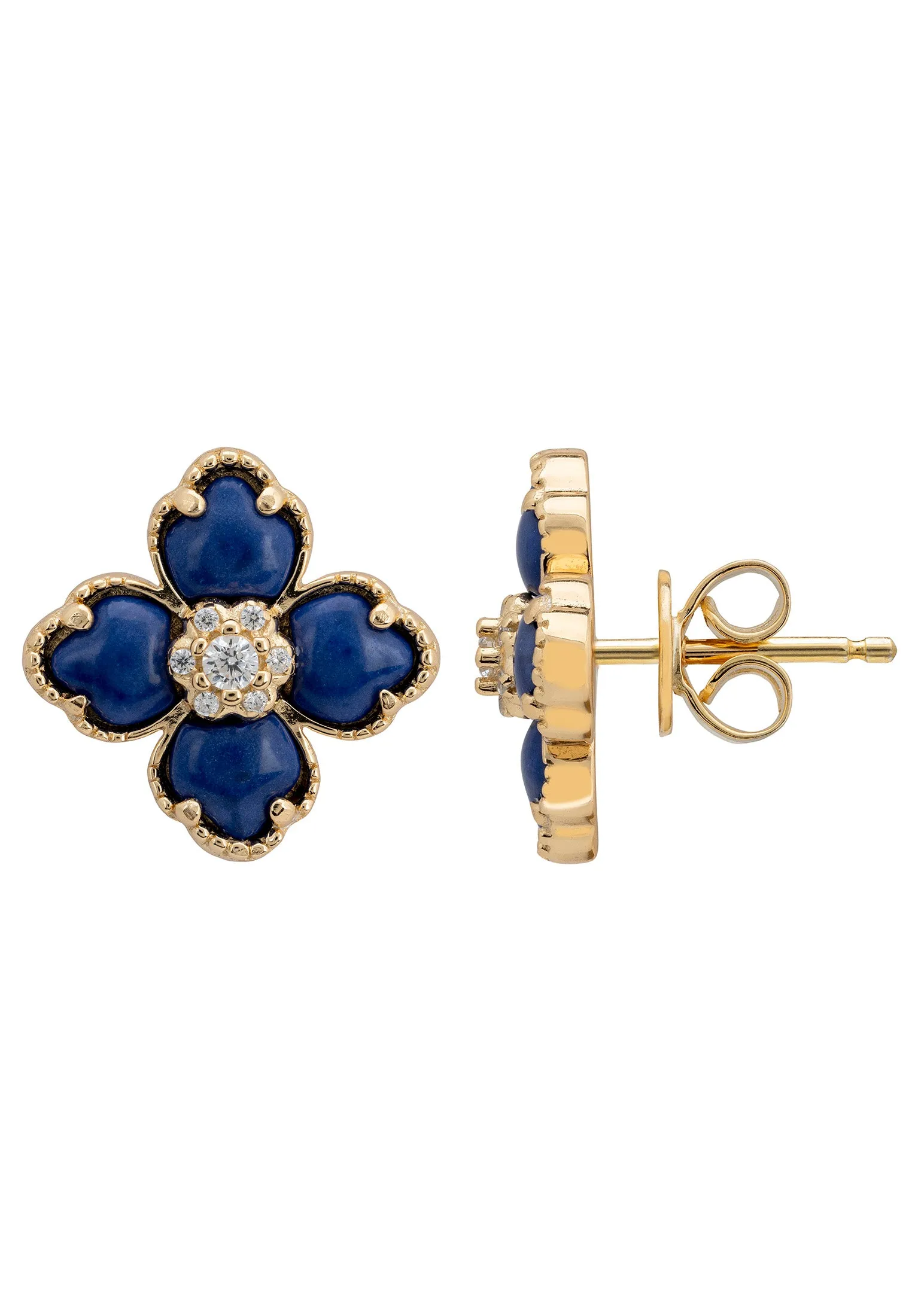 Flower Clover Lapis Lazuli Stud Earrings Gold