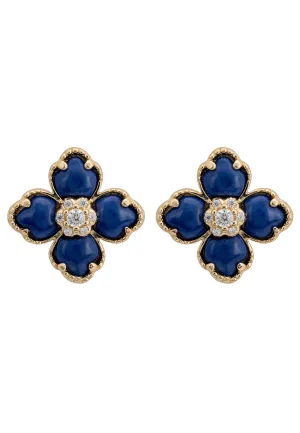 Flower Clover Lapis Lazuli Stud Earrings Gold