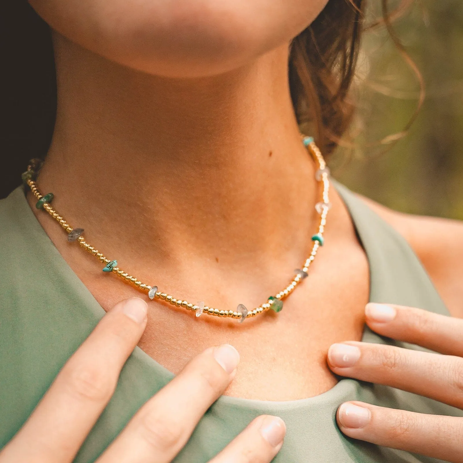 Gold and Bead Stone Chip Choker