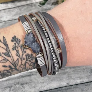 Gold-Dipped Gray Druzy Stone Leather Wrap Bracelet