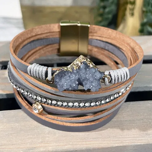 Gold-Dipped Gray Druzy Stone Leather Wrap Bracelet