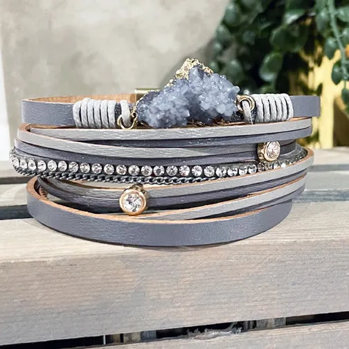 Gold-Dipped Gray Druzy Stone Leather Wrap Bracelet