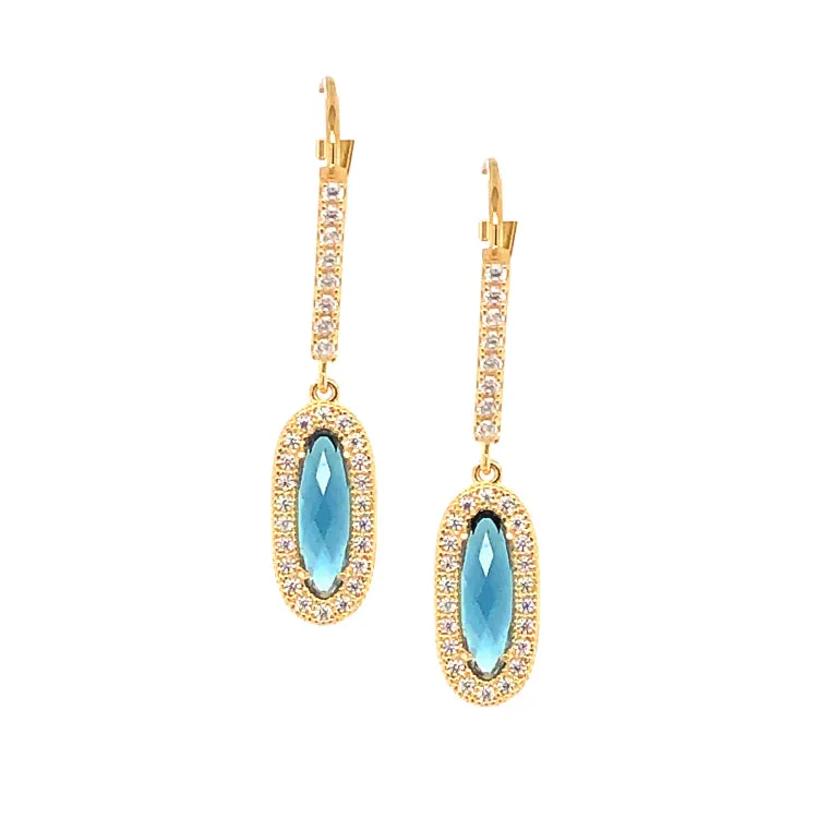 Gold Finish Sterling Silver Micropave Oblong Earrings with Simulated London Blue Topaz and Simulated Diamonds