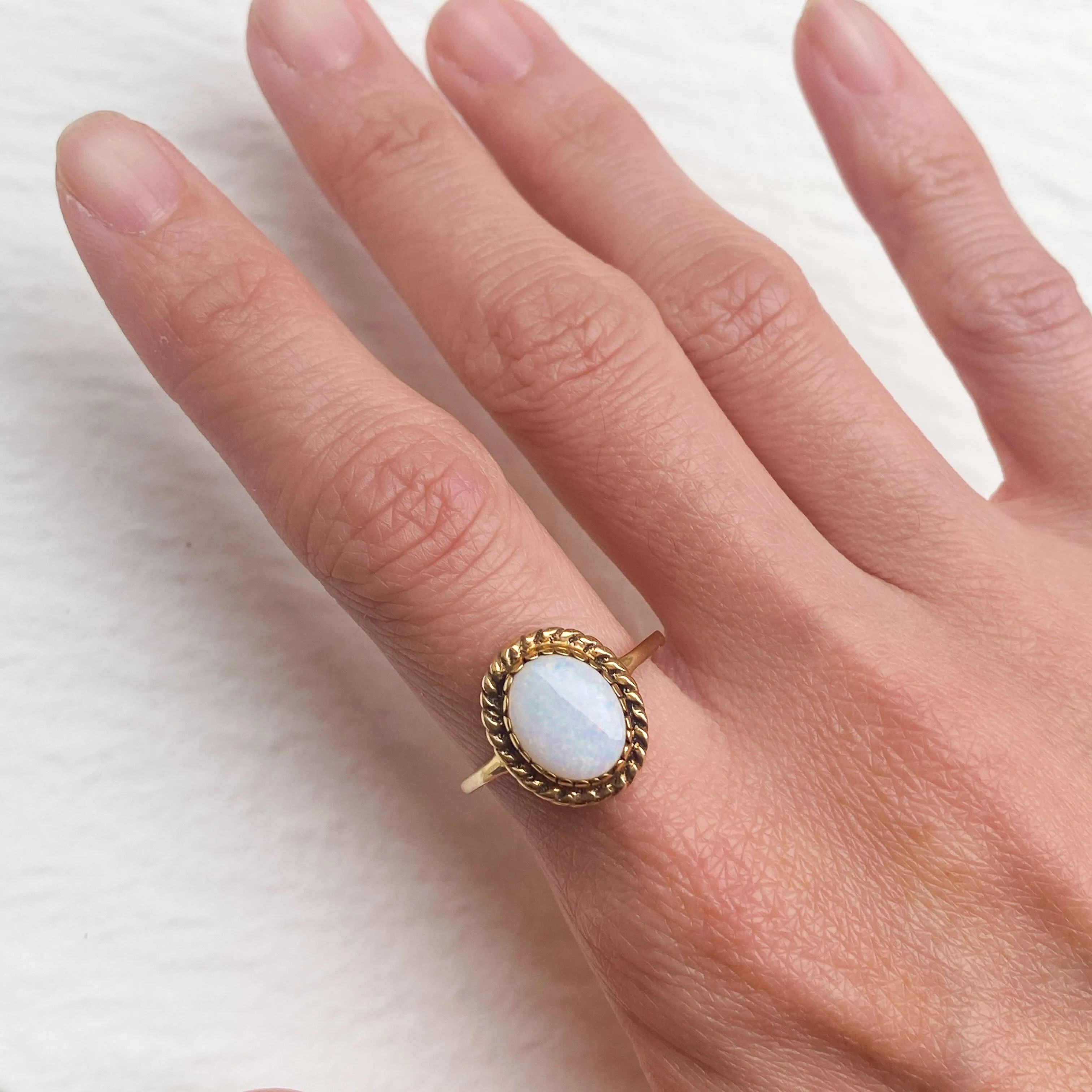 Gold Opal Ring - White Oval Ring - Vintage Bridal Ring