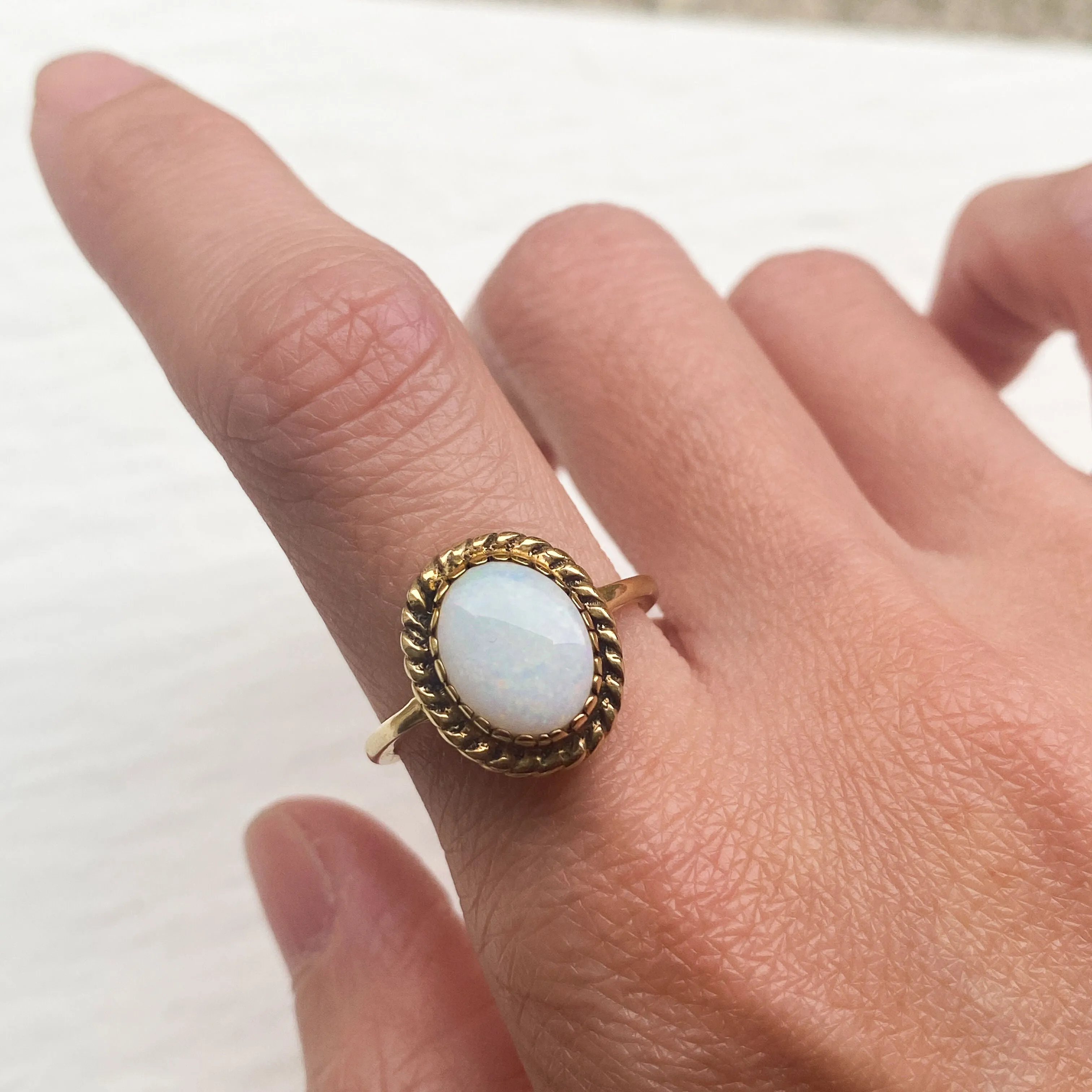 Gold Opal Ring - White Oval Ring - Vintage Bridal Ring