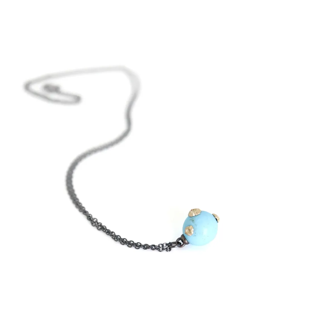 Gold Turquoise Buoy Necklace with Oxidized Chain