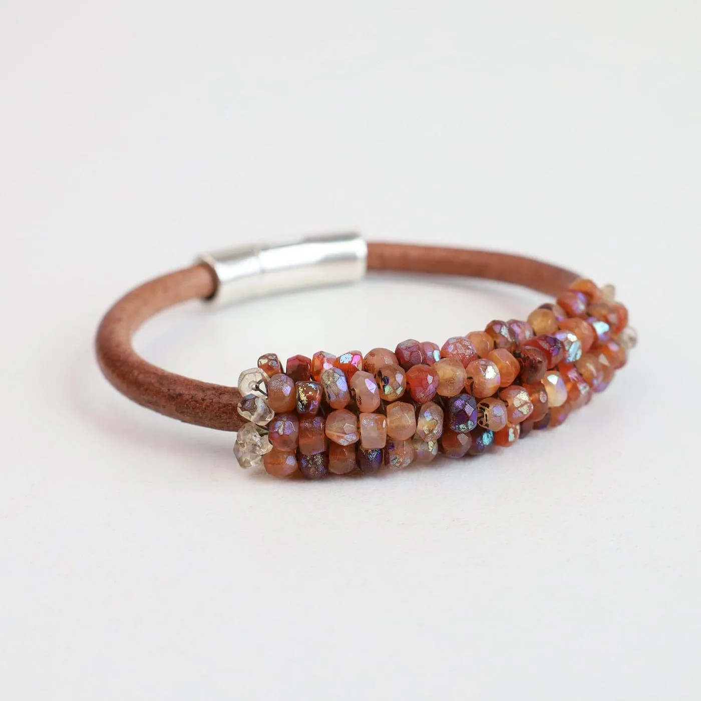 Hand Stitched Coated Citrine with Citrine Trim Leather Bracelet