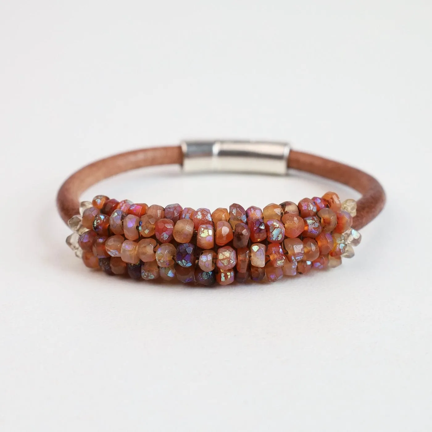 Hand Stitched Coated Citrine with Citrine Trim Leather Bracelet