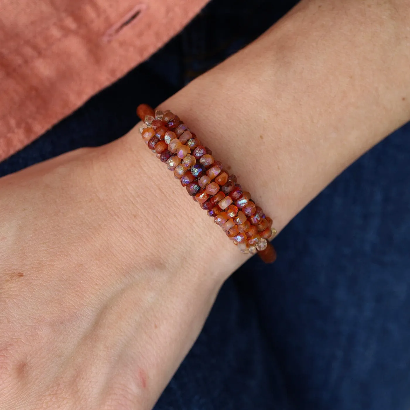 Hand Stitched Coated Citrine with Citrine Trim Leather Bracelet