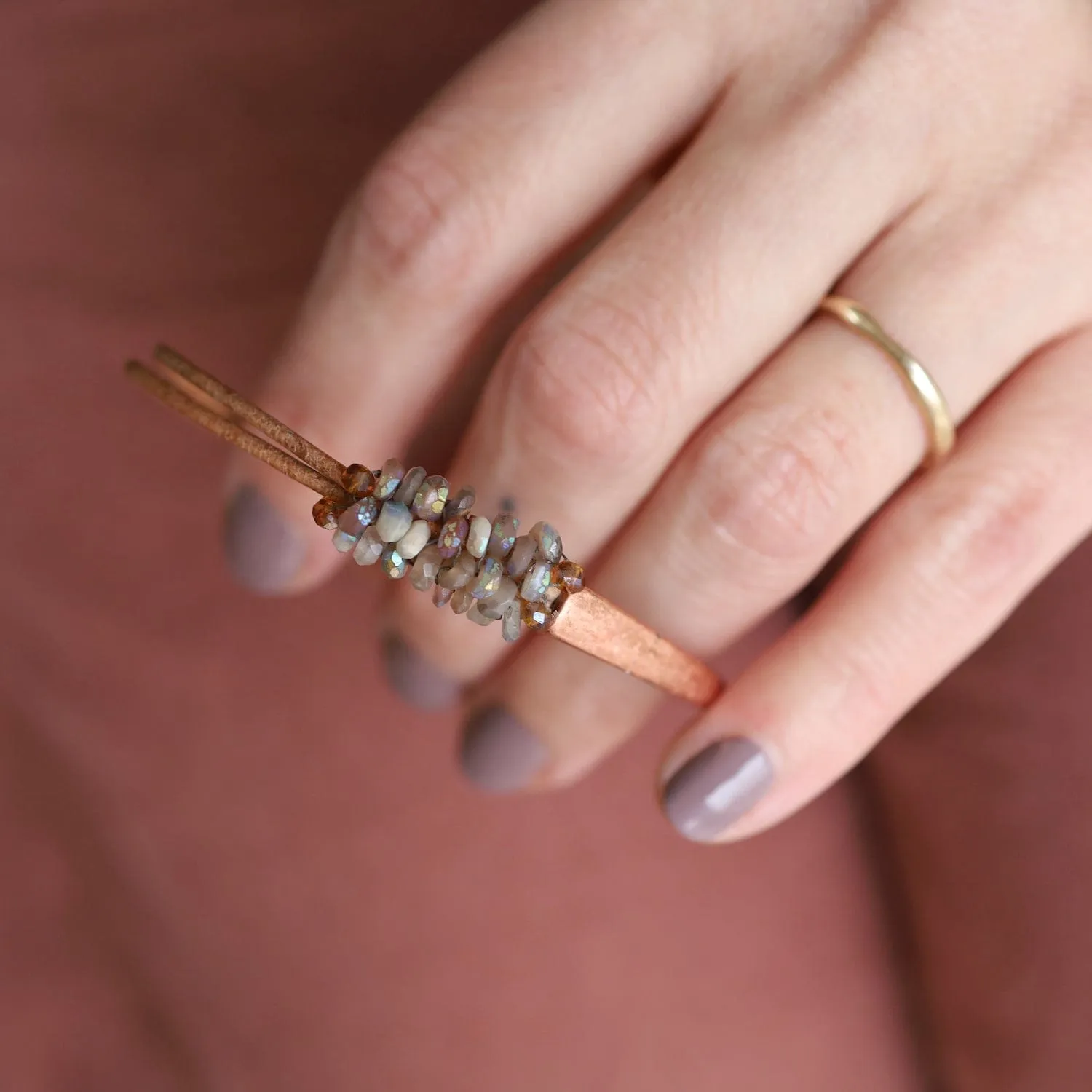 Hand Stitched Coated Citrine with Citrine Trim on Tan Leather & Copper 1/2 Cuff