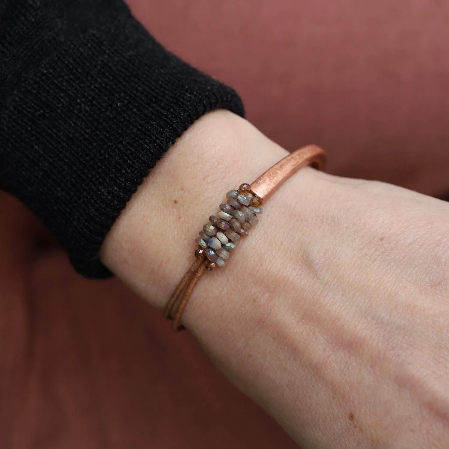 Hand Stitched Coated Citrine with Citrine Trim on Tan Leather & Copper 1/2 Cuff