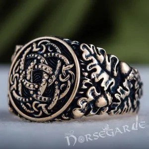 Handcrafted Jormungandr Oak Leaves Ring - Bronze