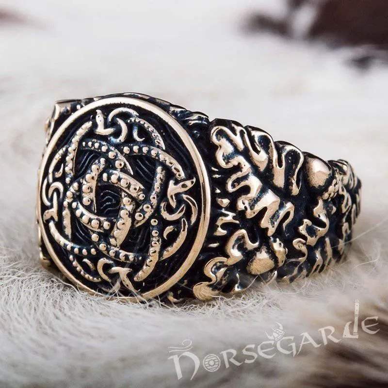 Handcrafted Jormungandr Oak Leaves Ring - Bronze