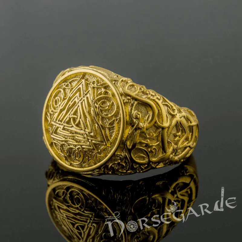 Handcrafted Urnes Style Valknut Ring - Gold