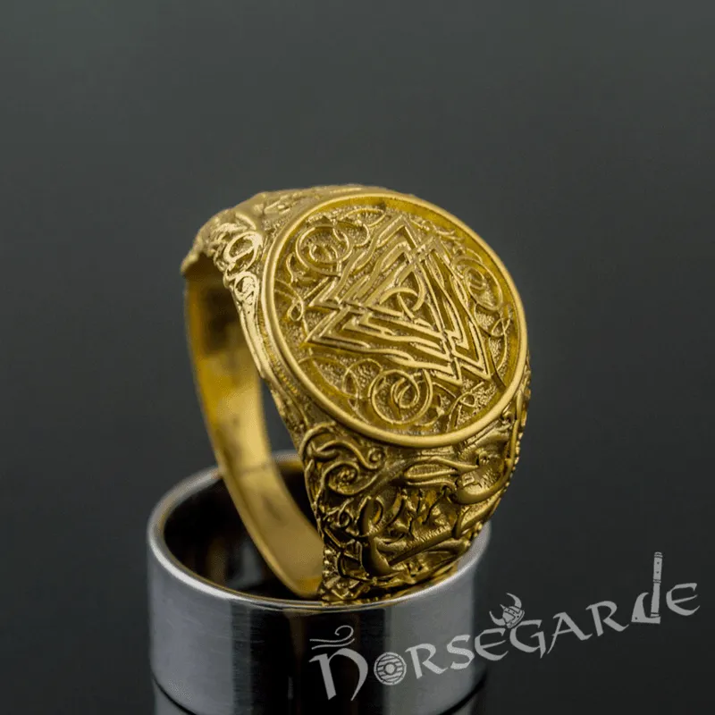 Handcrafted Urnes Style Valknut Ring - Gold