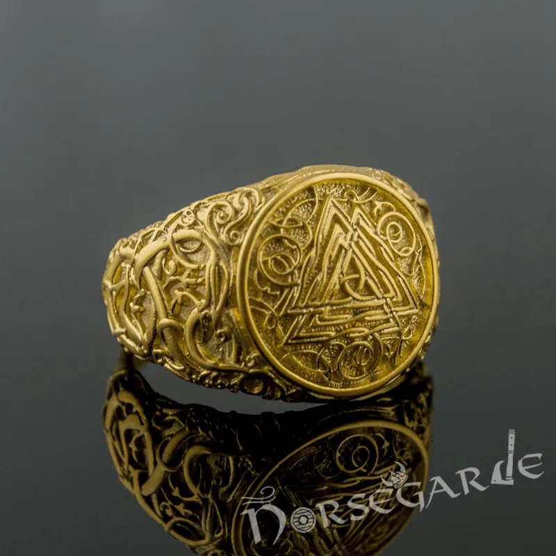 Handcrafted Urnes Style Valknut Ring - Gold