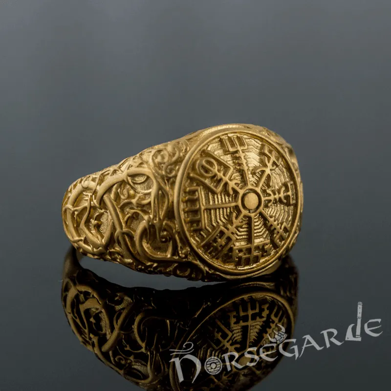 Handcrafted Urnes Style Vegvisir Ring - Gold