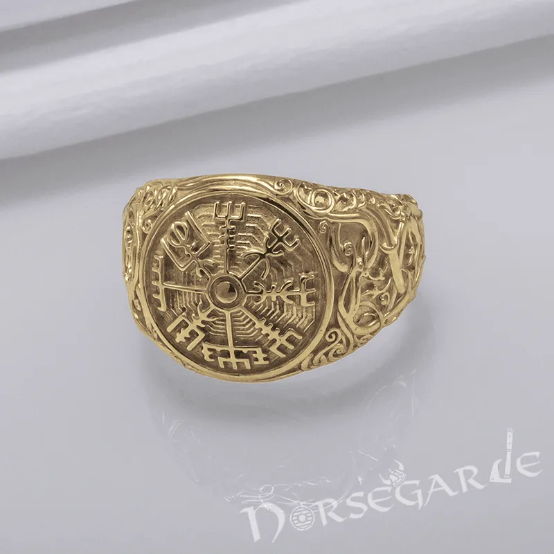 Handcrafted Urnes Style Vegvisir Ring - Gold