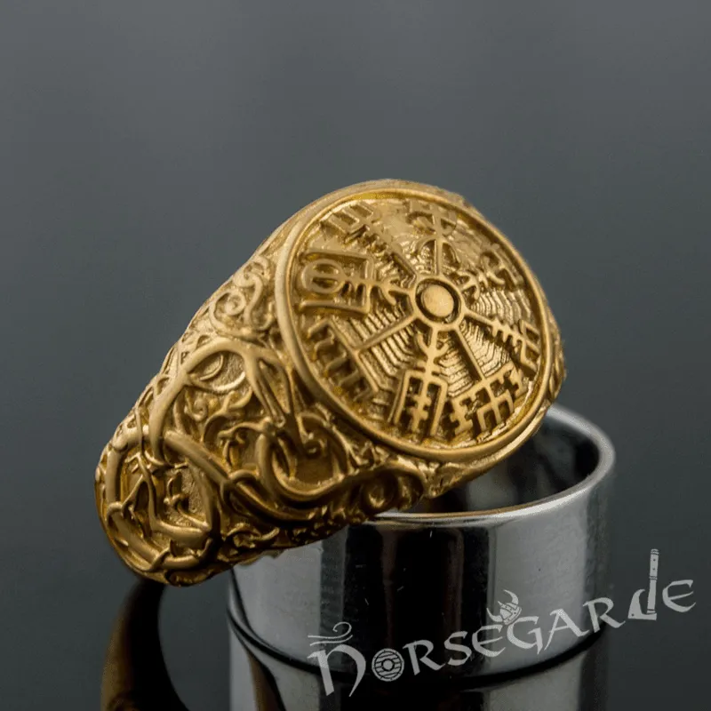 Handcrafted Urnes Style Vegvisir Ring - Gold