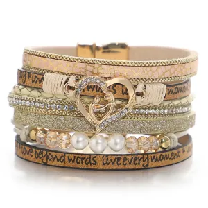 'Inspired Heart' Rhinestones and Beads Bracelet - khaki