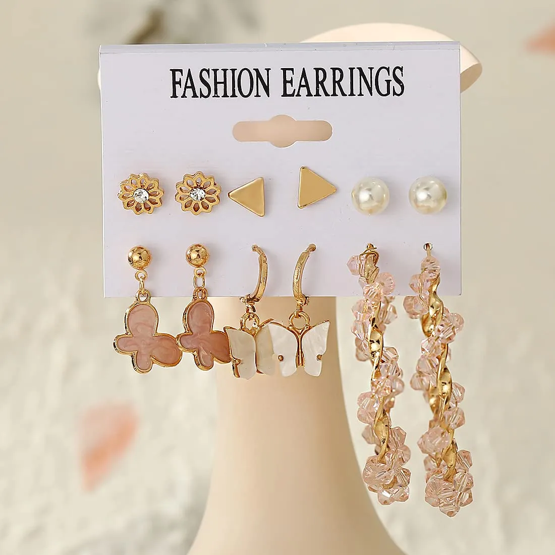 Kairangi Hoop Earrings for Women Set of 6 Pairs Gold Plated Butterfly Pink Combo Stud Hoop Earrings Set For Women And Girls