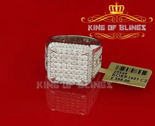 King Of Bling'sWhite Silver 4.90ct Cubic Zirconia Square Men's Adjustable Ring SZ From 9 to 11