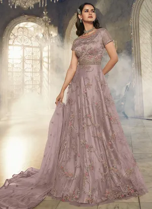 Lavender Embroidered Traditional Net Anarkali Suit