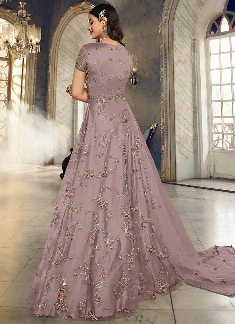 Lavender Embroidered Traditional Net Anarkali Suit