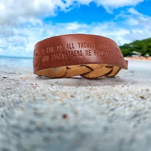 Leather Bracelet Braided Baseball - Softball Philippians 4:13 -Stamped