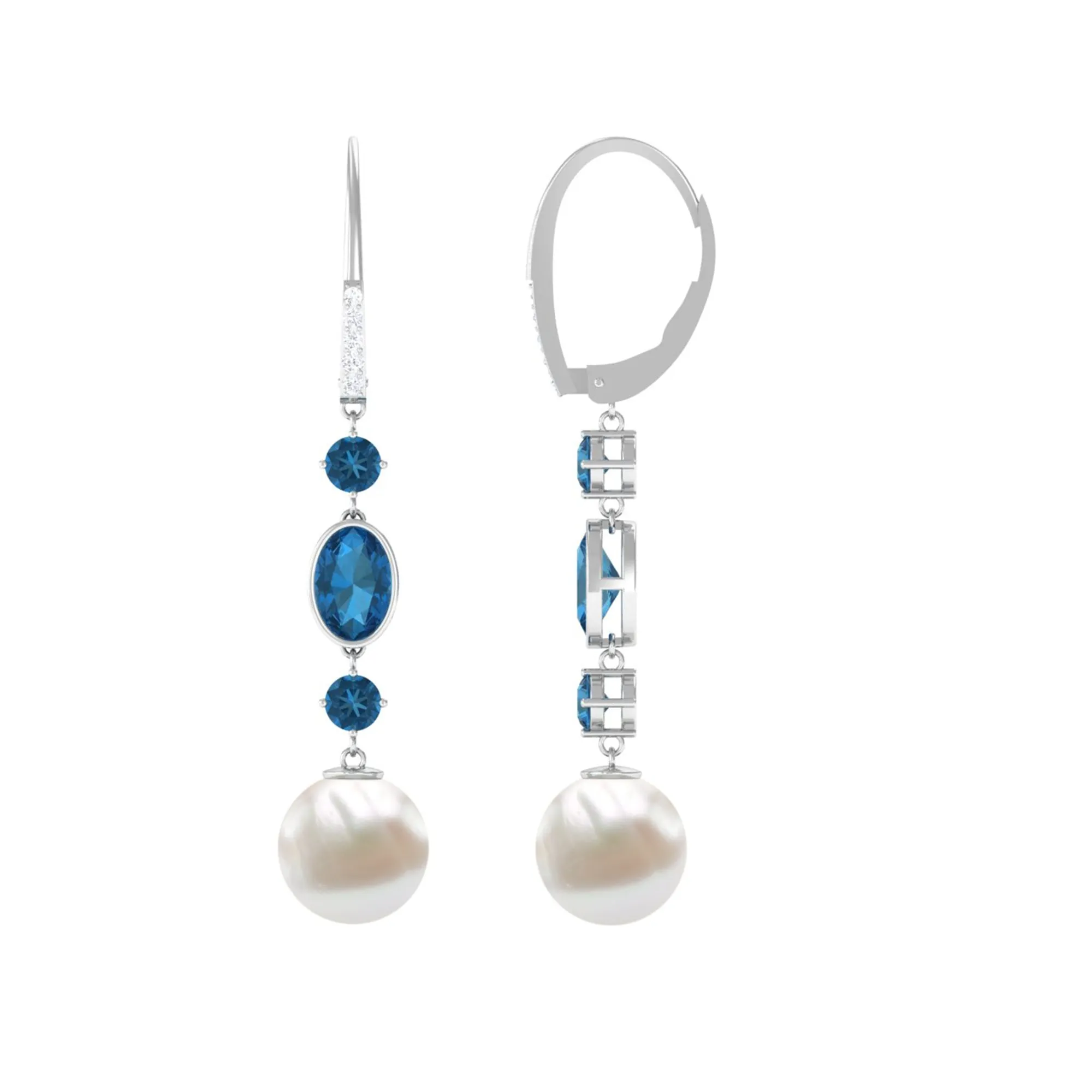 London Blue Topaz and Freshwater Pearl Dangle Earrings with Moissanite